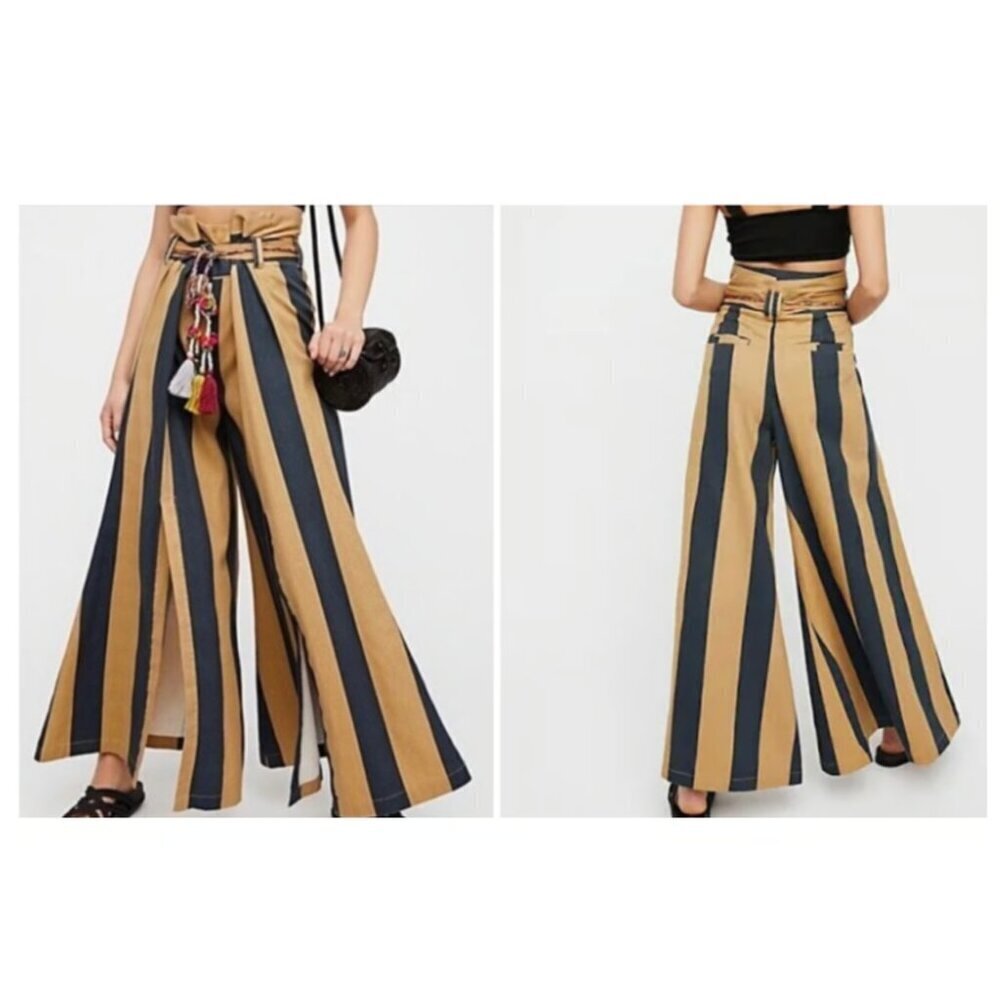 Free People Majorie High Waist Palazzo Pants Striped WideLeg Tie Boho Small READ